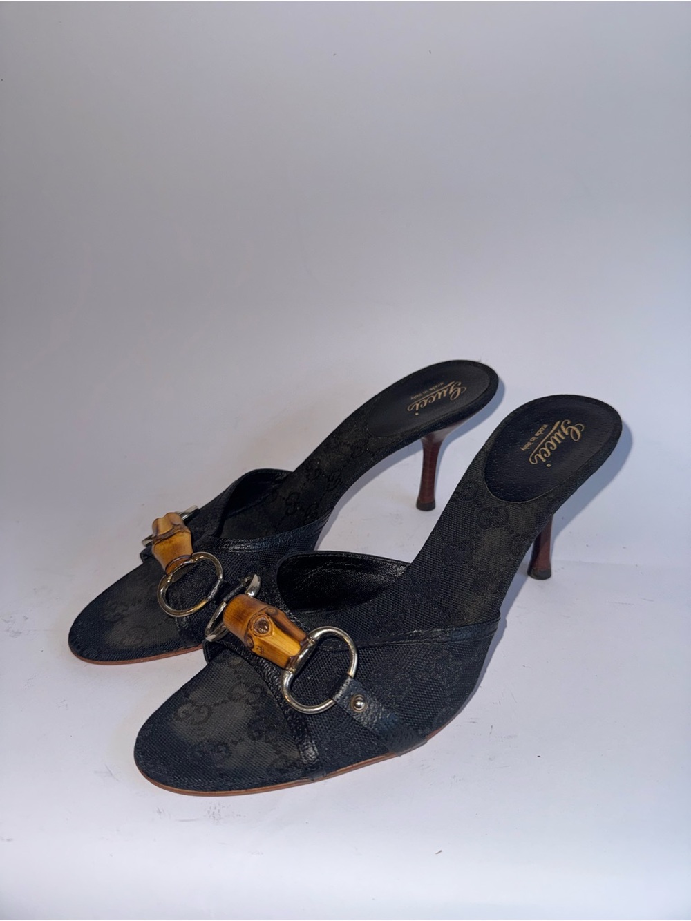 Gucci Vintage Bamboo Horsebitt Black GG Monogram Canvas Heeled Mule Size 8.5